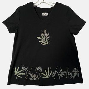 Vintage Hand Painted T Shirt Rhinestones Padded Sholuders Black Womens Large L